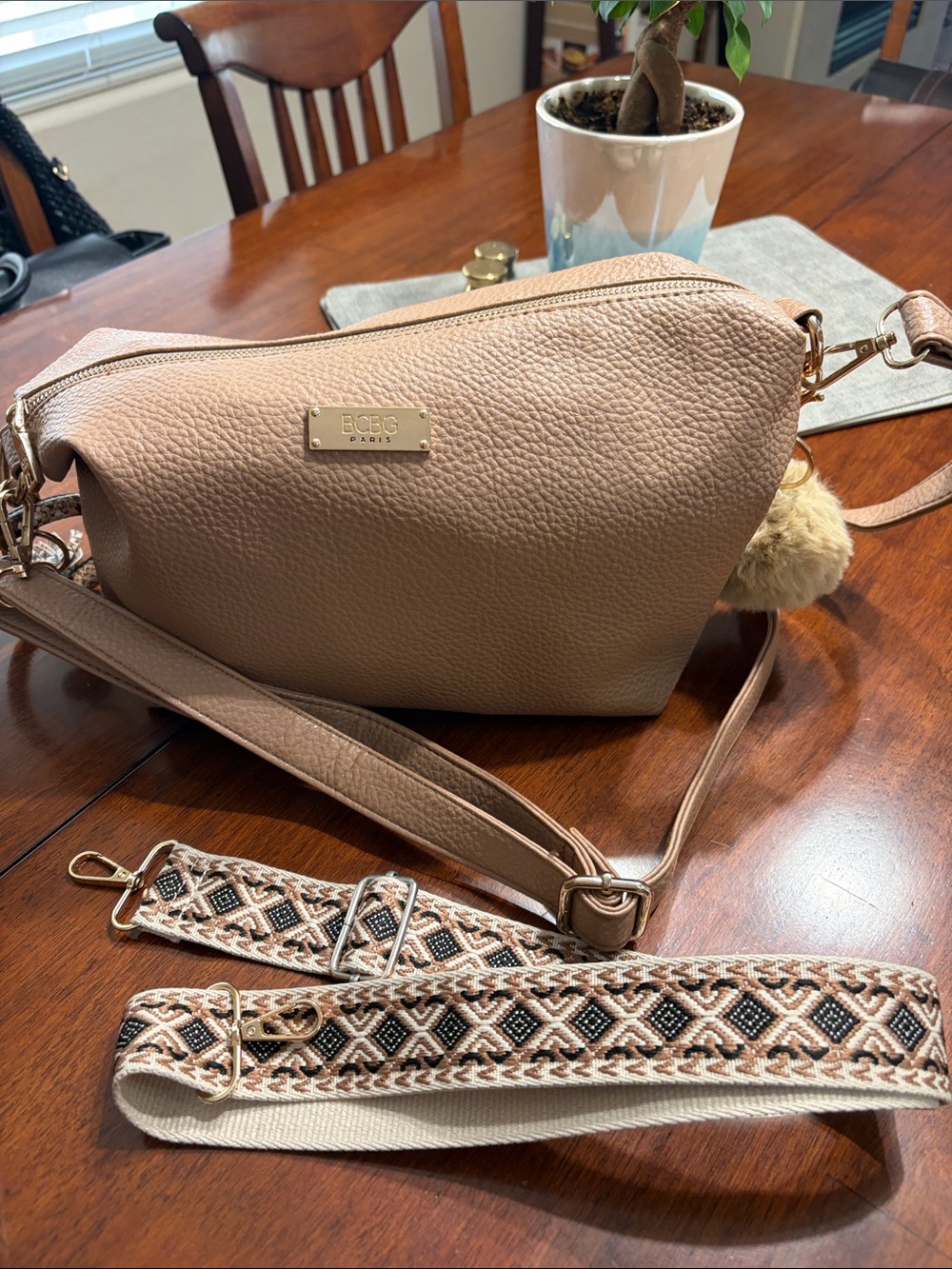 BCBG Beige Crossbody Bag with Detachable Patterned Strap